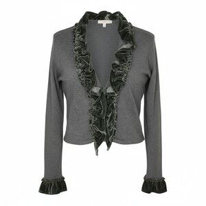 Dressbarn Collection Size L Gray Velvet Ruffle Trim Cropped Cardigan
